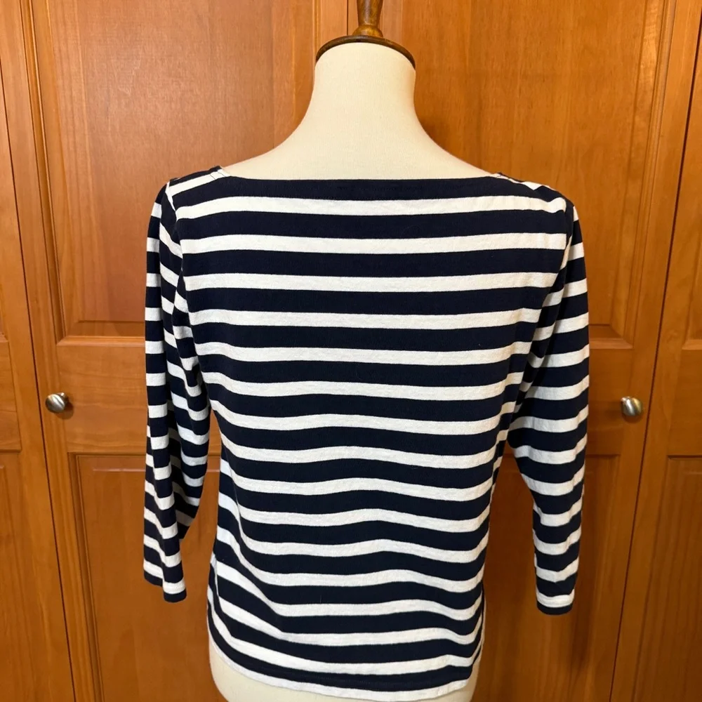 J Crew Navy and White Striped Mariner Fabric Boat Neck Top